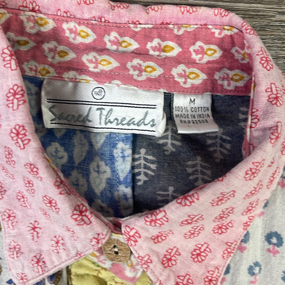 Sacred Threads Colorful Patchwork Button Down Shi… - image 3